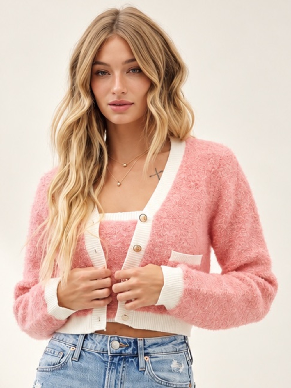 Fuzzy Knit Cardigan & Tube Top 2-Piece Sweater Set in Pink Coral NWT